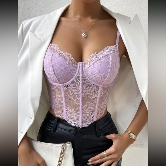 Floral Lace Halter Crop Top Bralette – Seamless Stretch Lace Layering Top Made in USA